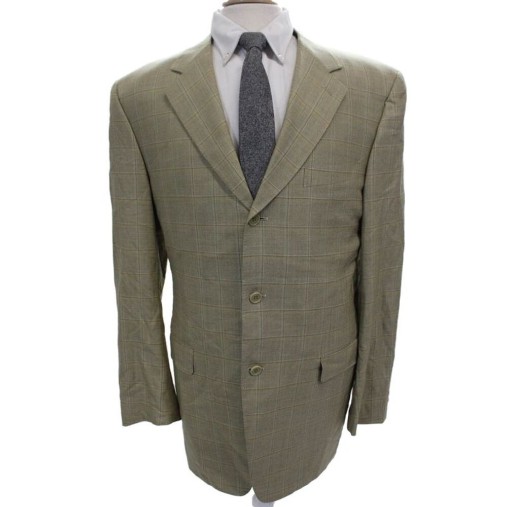 Canali Mens Beige Wool Plaid Blazer Button Closure Fall Size 54